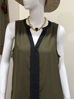 Sleeveless Olive Green V-Neck Top with Black Trim